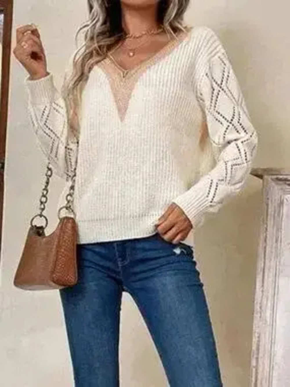 Openwork V-Neck Sweater - Picture 1 of 5